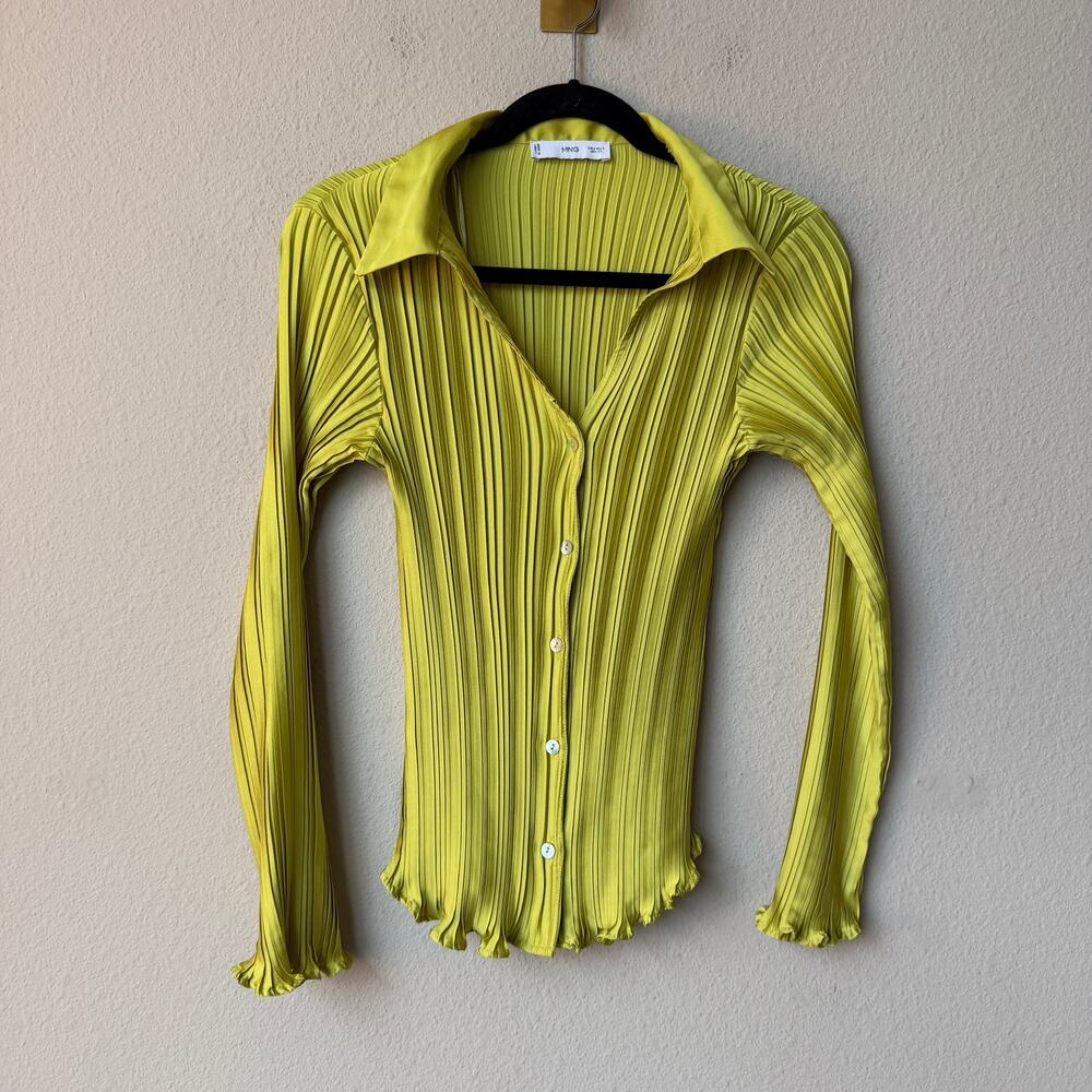 Mango Chartreuse Accordion Pleated Button Up Shirt Size 4 - Picture 2 of 6